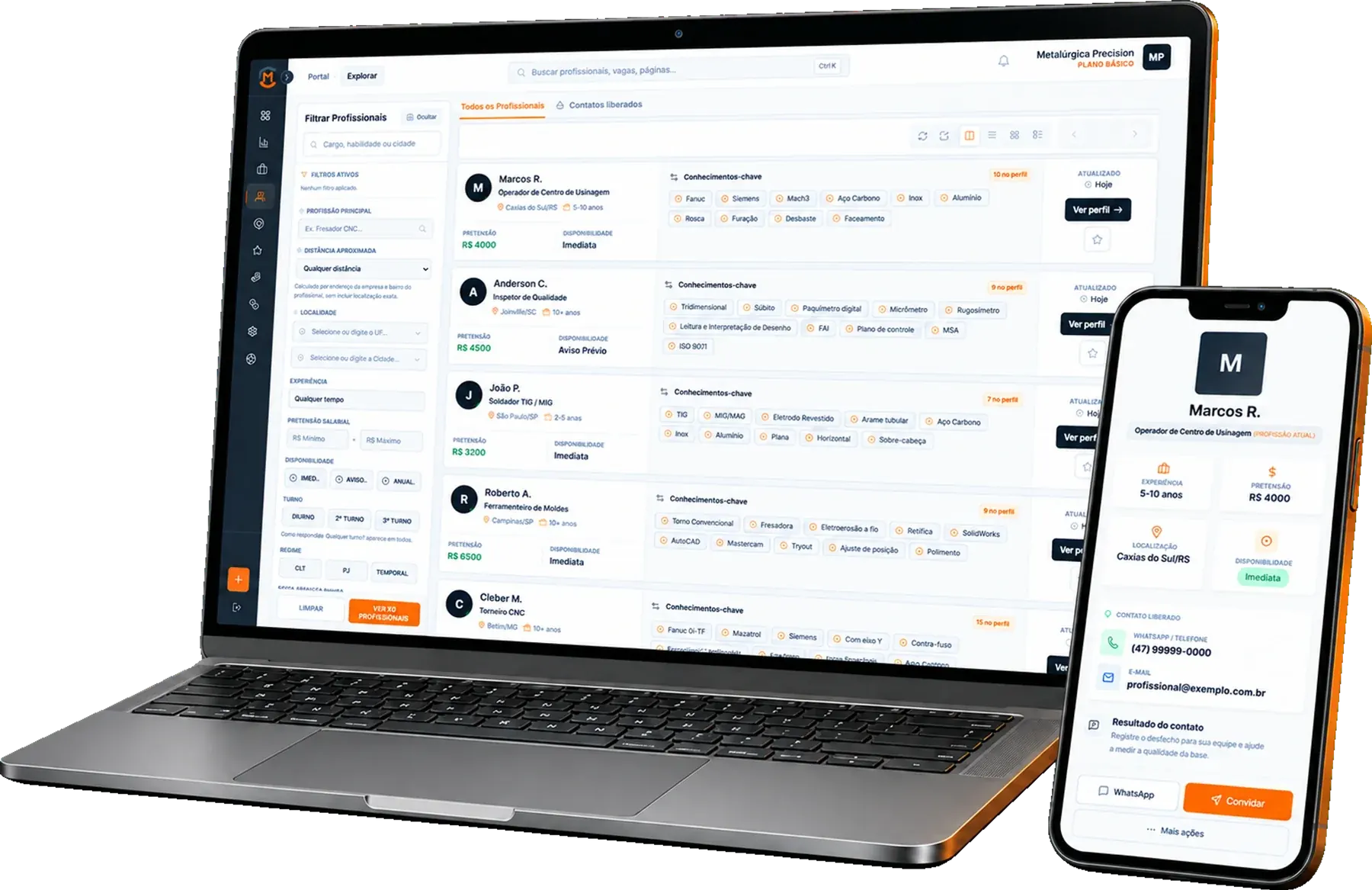 Portal da empresa da ConectaMetal aberto em notebook e celular: busca de profissionais e contato liberado no WhatsApp