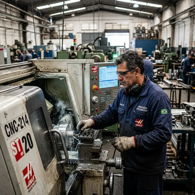 Torneiro CNC em operação no chão de fábrica