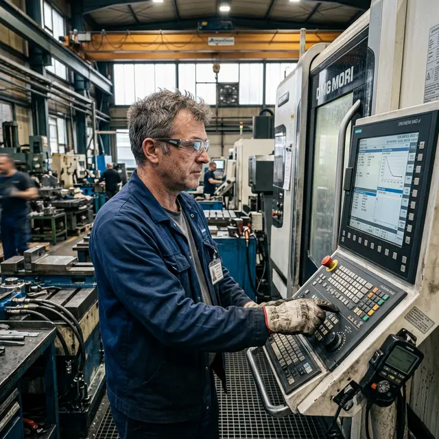 Operador de CNC conferindo o painel de um centro de usinagem