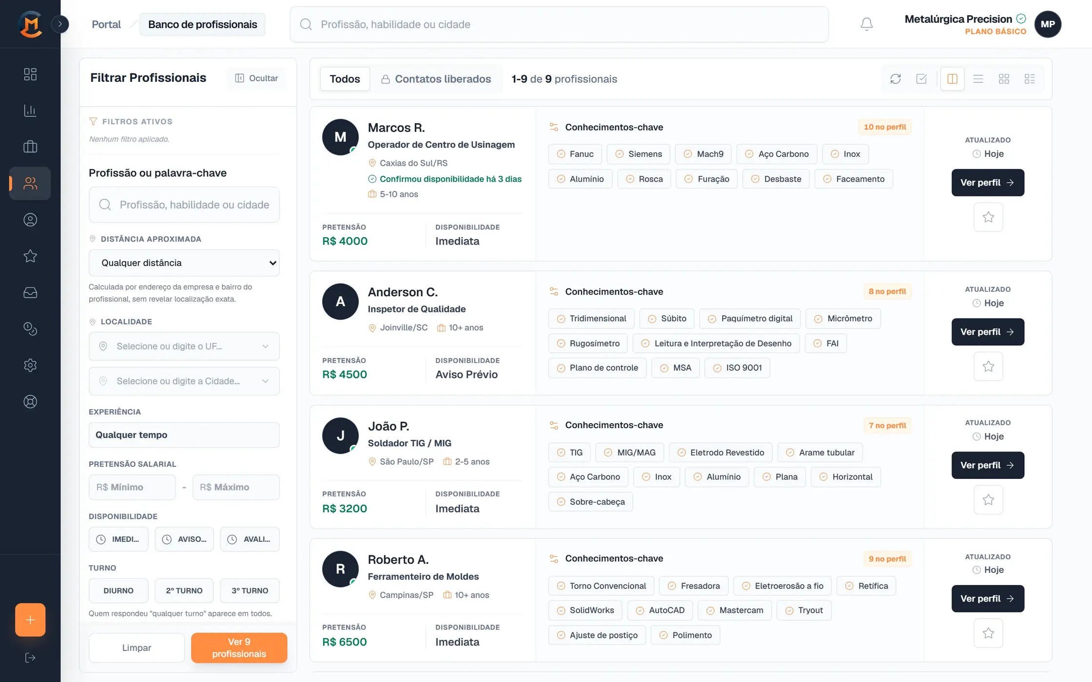 Painel de filtros do portal: profissão, distância, localidade, experiência, disponibilidade e turno