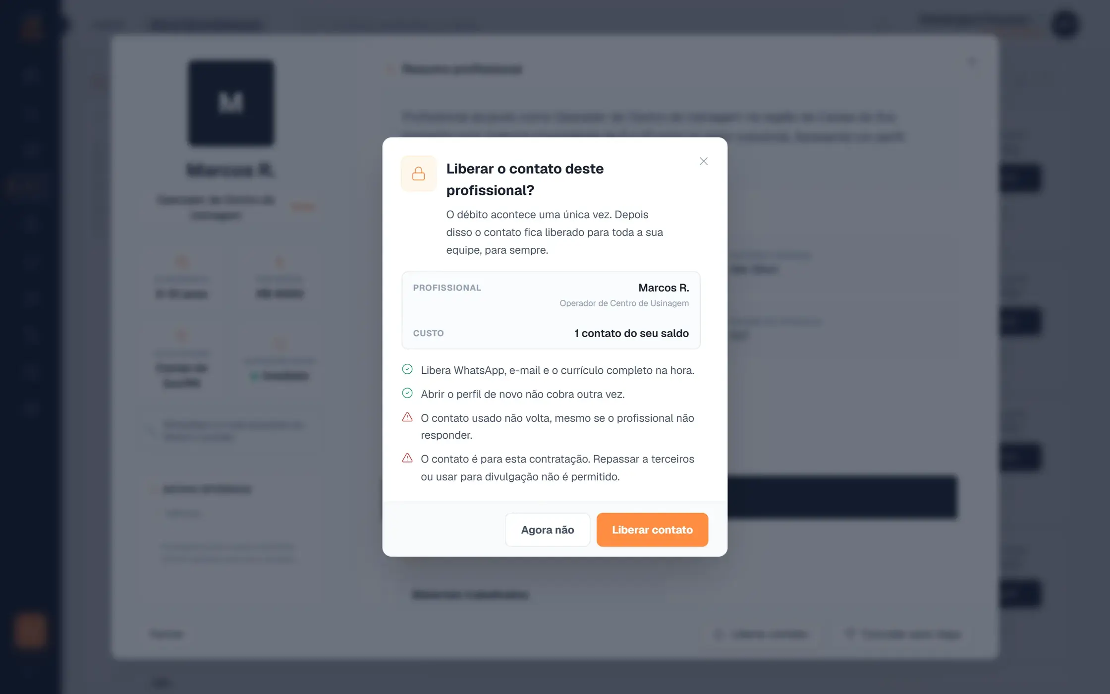 Confirmação para liberar o contato do profissional usando um contato do saldo